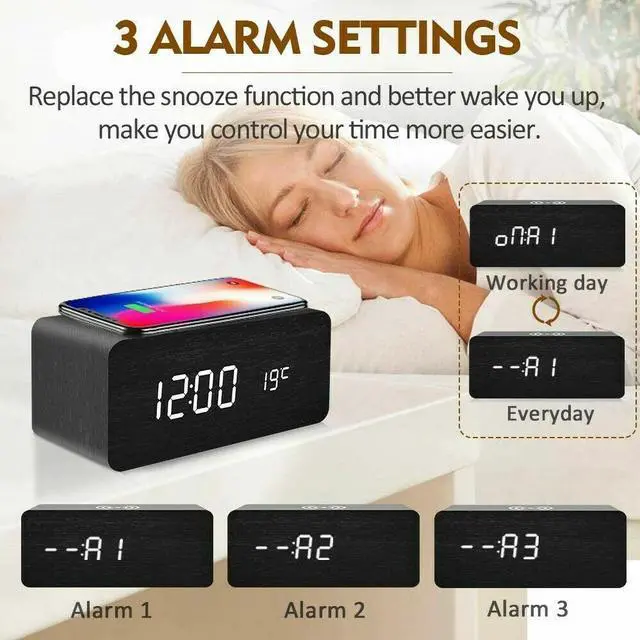 Alt view image 2 of 5 - Modern Wooden Wood Digital LED Desk Alarm Clock Thermometer Wireless Charger BLACK + WHITE