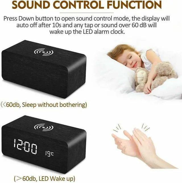 Alt view image 3 of 5 - Modern Wooden Wood Digital LED Desk Alarm Clock Thermometer Wireless Charger BLACK + WHITE