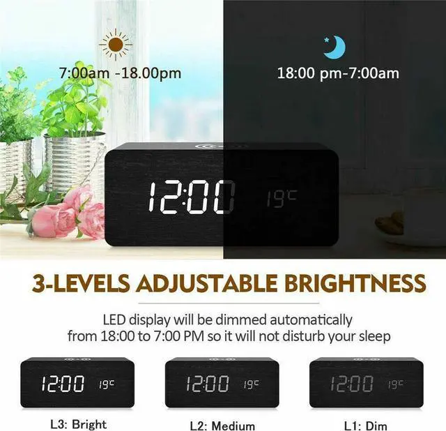 Alt view image 4 of 5 - Modern Wooden Wood Digital LED Desk Alarm Clock Thermometer Wireless Charger BLACK + WHITE