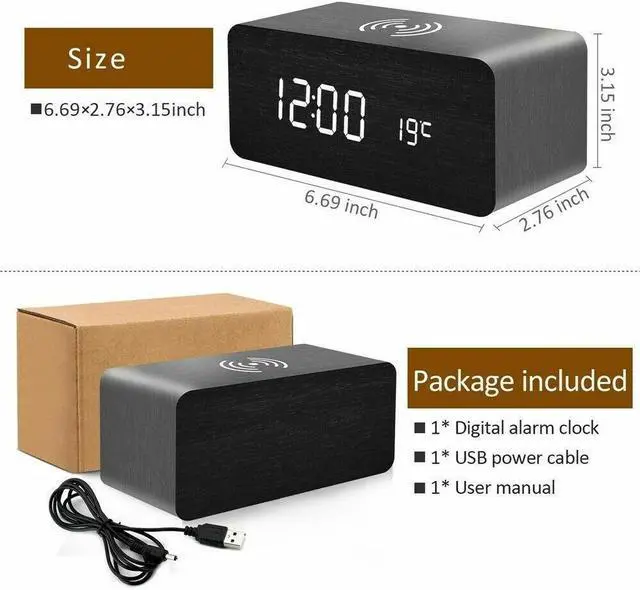 Alt view image 5 of 5 - Modern Wooden Wood Digital LED Desk Alarm Clock Thermometer Wireless Charger BLACK + WHITE