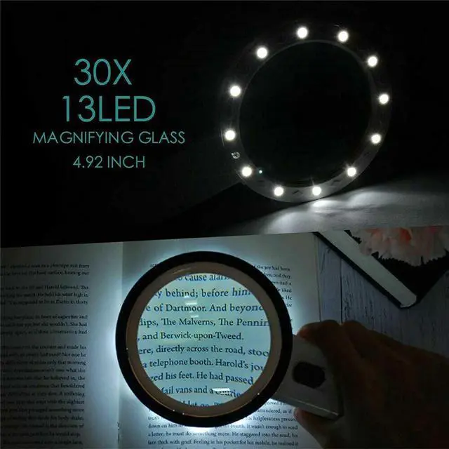 Alt view image 3 of 7 - 30X Jumbo Handheld Magnifying Glass w/ 13 Bright LED Light Illuminated Magnifier