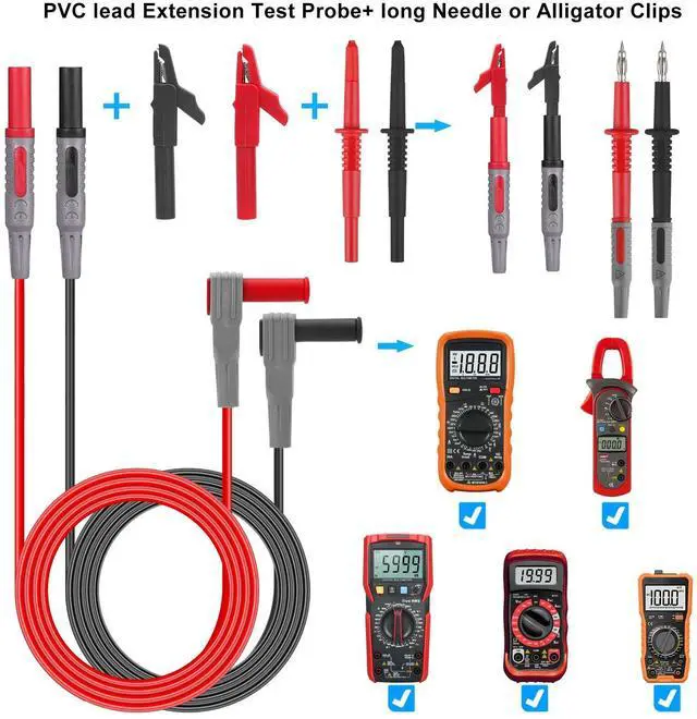 Alt view image 4 of 6 - 8pcs Multimeter Lead Kit 4mm Wire Piercing Alligator Clip Banana Plug Test Probe