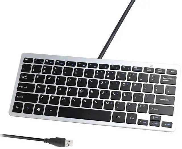 Main image of Ultra Thin Mini USB Wired Compact Keyboard for PC Mac Laptop 78 Black Key Silver
