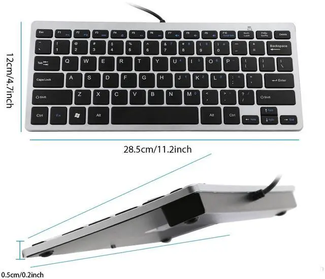 Alt view image 3 of 5 - Ultra Thin Mini USB Wired Compact Keyboard for PC Mac Laptop 78 Black Key Silver
