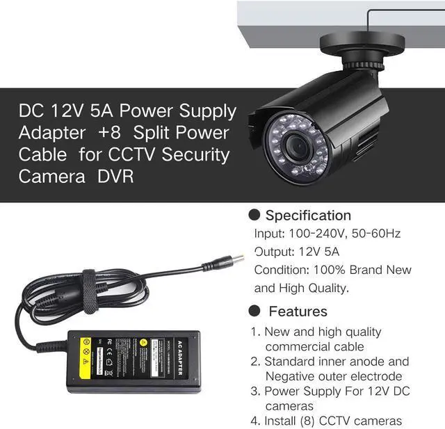 Alt view image 6 of 7 - DC 12V 5A Power Supply CCTV Security Camera DVR 8 Split Swann Lorex Defender Adapter with 8 ways cable