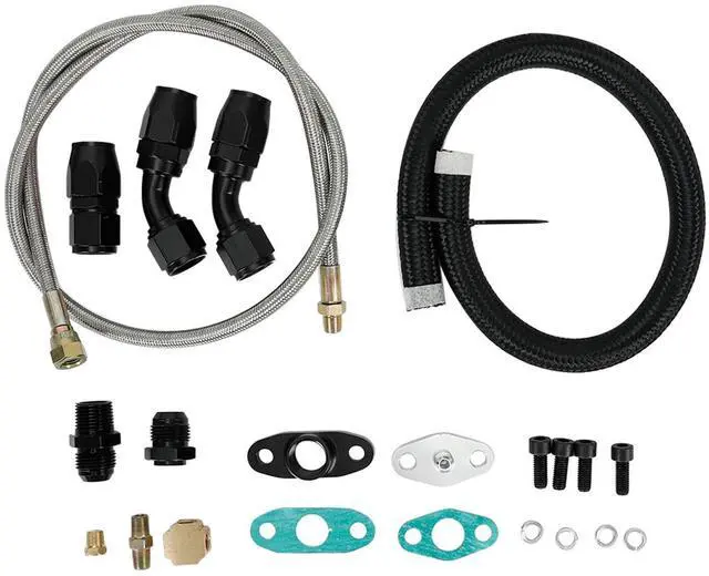 Main image of BLACK TURBO OIL DRAIN RETURN + FEED LINE FOR T3 T4 GT35 T60 T61 T70 COMPLETE KIT