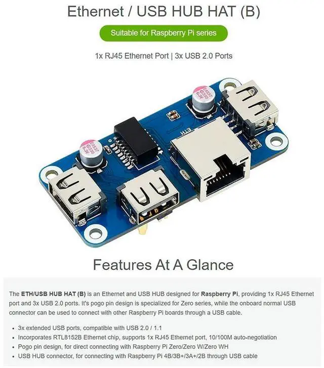 Main image of Ethernet/USB HUB HAT(B) For Raspberry Pi 4B/3B+/3A+/2B/Zero/Zero With Zero WH,With 1X RJ45 Ethernet Port