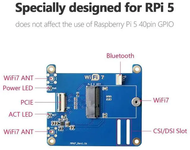 Alt view image 4 of 4 - MPW7NCA For Raspberry Pi 5 PCIE To M.2 E-Key 7 Module+Case BE200 Blue PCB Support Google TPU,Wif6e AX210,AX200 Adapte