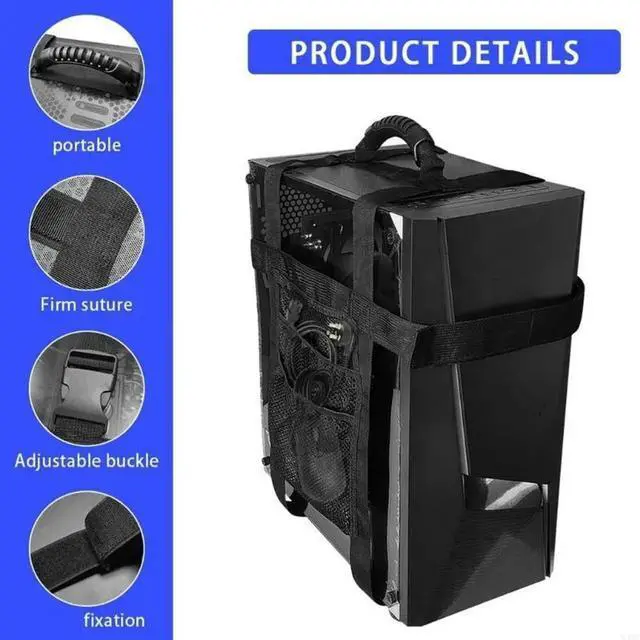 Alt view image 2 of 2 - Ergonomic PC Tower Carrying Strap Desktop Carrying Case Belt Computer Travel Holder with Pocket for Cable Transporting
