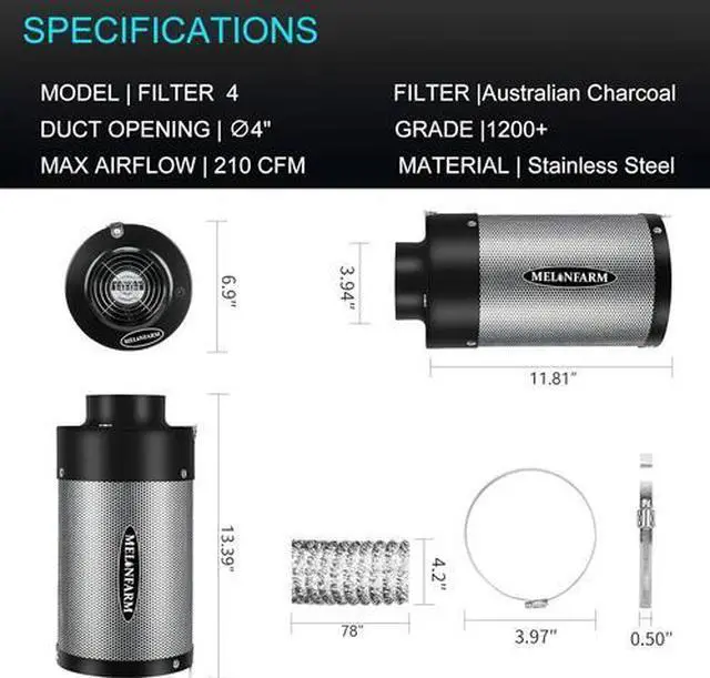 Alt view image 6 of 6 - Air Filtration Kit 4", Built-In 14Cm Fan Low Nois Carbon Filter with 12-Speed Co