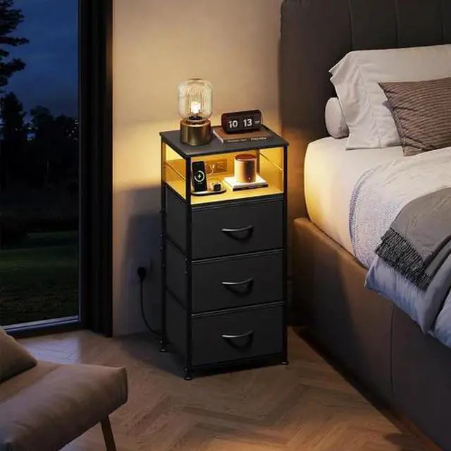 Main image of LED Nightstand with Charging Station, Black Night Stand with 3 Fabric Drawers an