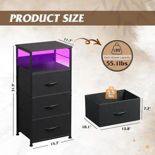 Alt view image 2 of 6 - LED Nightstand with Charging Station, Black Night Stand with 3 Fabric Drawers an