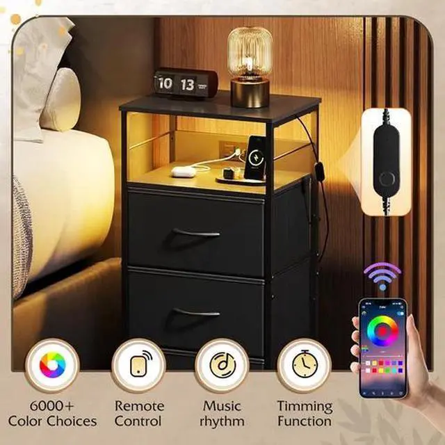 Alt view image 4 of 6 - LED Nightstand with Charging Station, Black Night Stand with 3 Fabric Drawers an