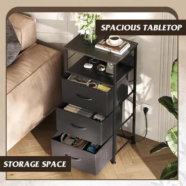 Alt view image 3 of 6 - LED Nightstand with Charging Station, Black Night Stand with 3 Fabric Drawers an