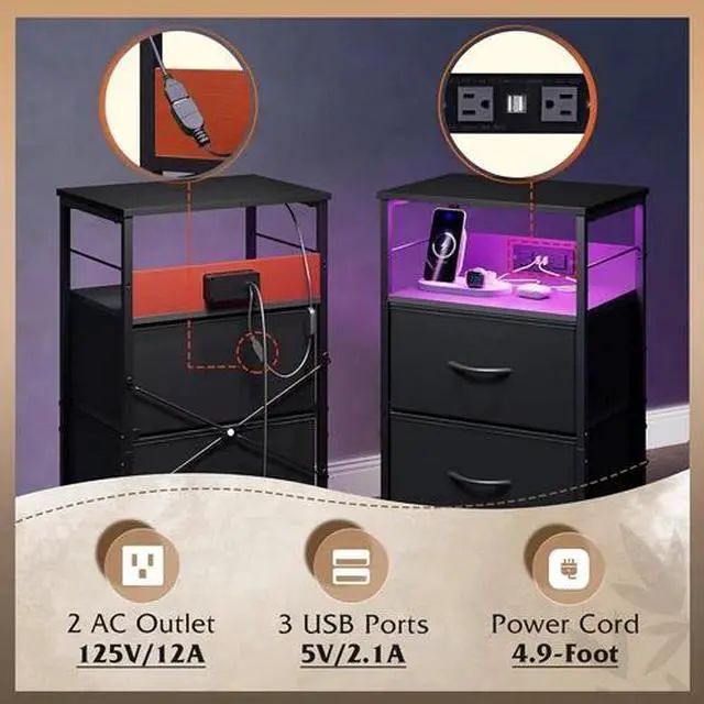 Alt view image 5 of 6 - LED Nightstand with Charging Station, Black Night Stand with 3 Fabric Drawers an