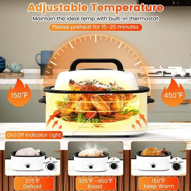 Alt view image 2 of 7 - ARLIME 22QT Electric Roaster Oven with Visible & Self-Basting Lid, Turkey Roaster with Removable Pan & Rack, Defrost & Warm Function, Adjustable Temperature, Fit 28LB Turkey