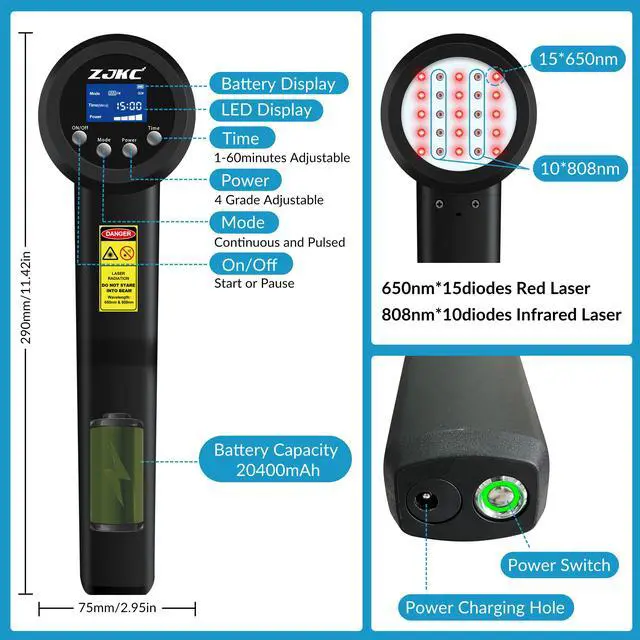 Alt view image 4 of 7 - ZJKC 8000mW/8W LLLT Cold Laser Therapy Low Level Laser Device 650nm+808nm For Pain