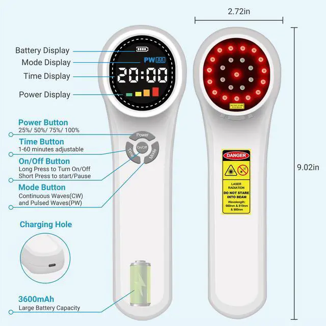 Alt view image 6 of 7 - ZJKC 1760mW Class 3b/4 Laser Therapy Red Infrared Light Treatment Device for Pain
