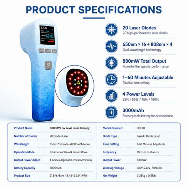 Alt view image 7 of 7 - ZJKC HHL01 880mW Dual Wavelength Laser Device 20 Diodes 650nm 808nm Rechargeable Handheld with CW PW Modes 1 to 60 Min Timer for Home Use