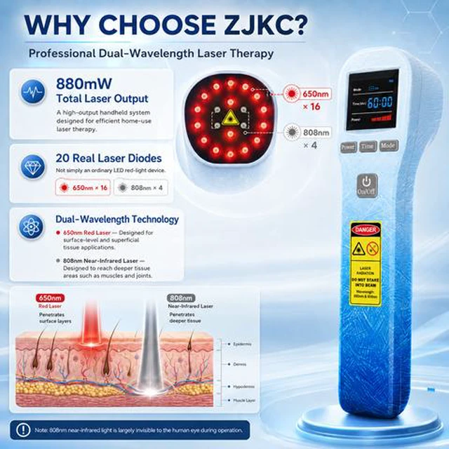 Alt view image 2 of 7 - ZJKC HHL01 880mW Dual Wavelength Laser Device 20 Diodes 650nm 808nm Rechargeable Handheld with CW PW Modes 1 to 60 Min Timer for Home Use