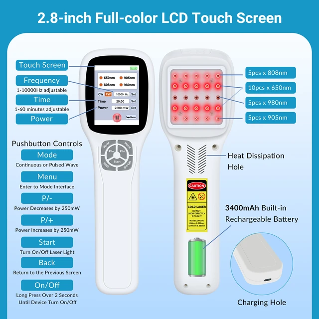 Alt view image 5 of 7 - ZJKC PMW2500 Handheld Multi-spectrum Physical Therapy Device, 2500mW Adjustable Power, 25 Light Diodes, 2.8" Touch Screen, Rechargeable Therapy Unit for Pain Relief, Deep Tissue & Veterinary Care