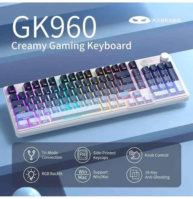 Alt view image 3 of 7 - MageGee GK960 Wireless Gaming Keyboard, RGB Tri-Mode Wired/BT/2.4G Creamy Keyboard