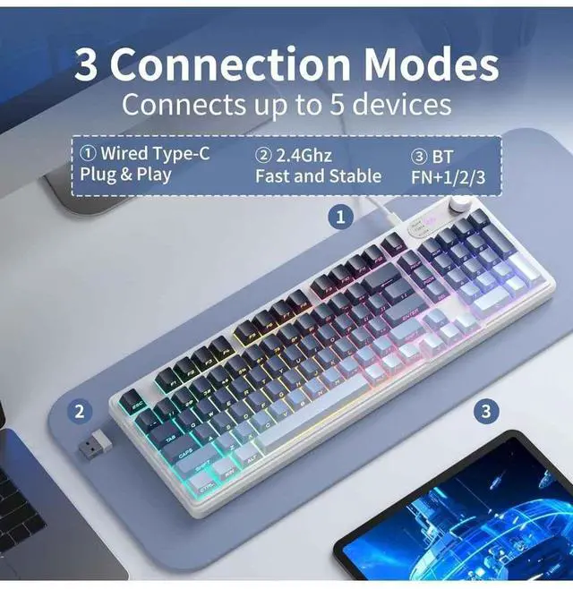 Alt view image 4 of 7 - MageGee GK960 Wireless Gaming Keyboard, RGB Tri-Mode Wired/BT/2.4G Creamy Keyboard