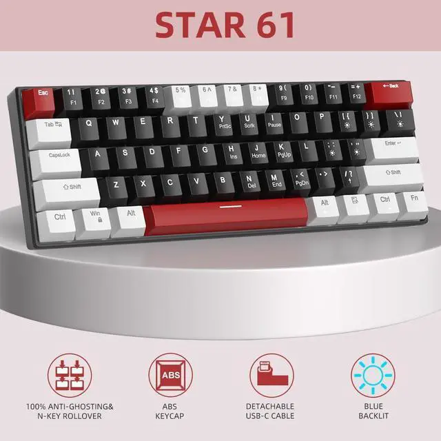 Alt view image 2 of 7 - 60% Mechanical Gaming Keyboard,Mixed Color Keycaps Gaming Keyboard with Linear Red Switches, Detachable Type-C Cable Mini Keyboard with Blue LED Light for PC/Laptop