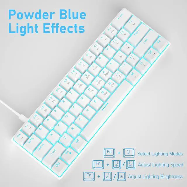 Alt view image 2 of 7 - 60% Mechanical Gaming Keyboard, White Gaming Keyboard with Red Switches, Detachable Type-C Cable Mini Keyboard with Blue LED Light for/PC/Laptop