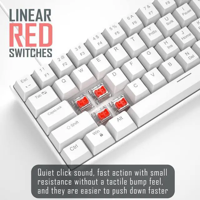 Alt view image 3 of 7 - 60% Mechanical Gaming Keyboard, White Gaming Keyboard with Red Switches, Detachable Type-C Cable Mini Keyboard with Blue LED Light for/PC/Laptop