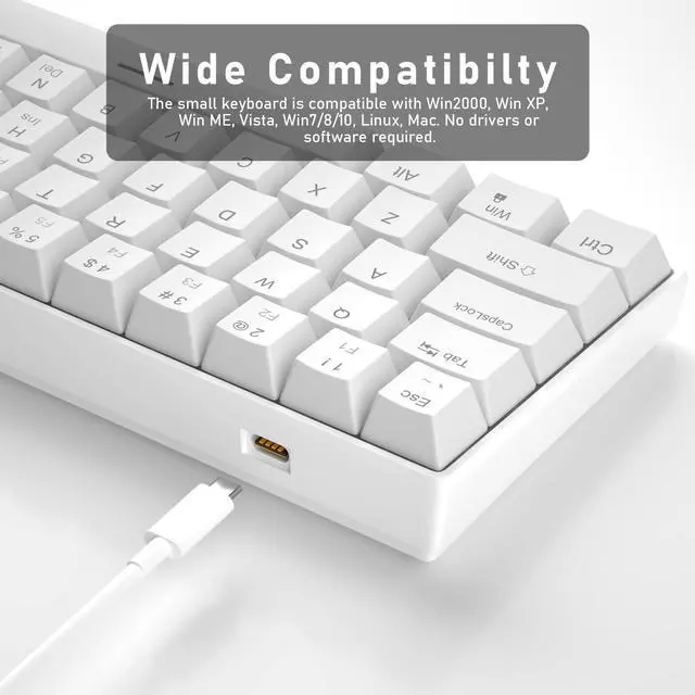 Alt view image 5 of 7 - 60% Mechanical Gaming Keyboard, White Gaming Keyboard with Red Switches, Detachable Type-C Cable Mini Keyboard with Blue LED Light for/PC/Laptop