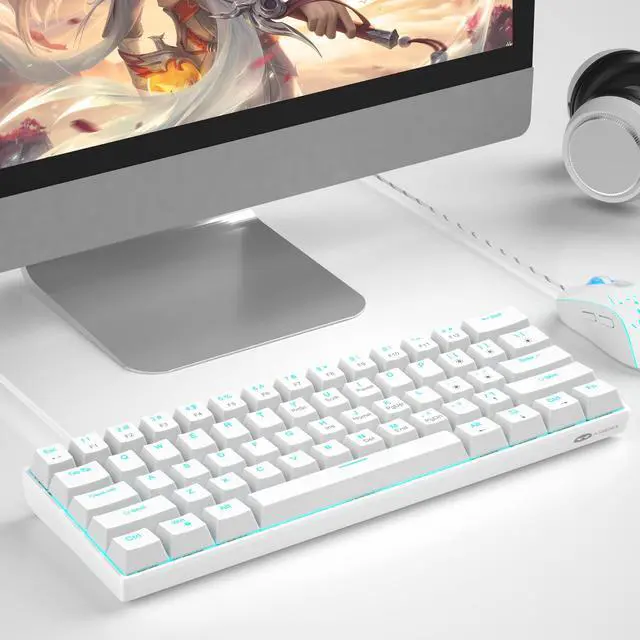 Alt view image 6 of 7 - 60% Mechanical Gaming Keyboard, White Gaming Keyboard with Red Switches, Detachable Type-C Cable Mini Keyboard with Blue LED Light for/PC/Laptop