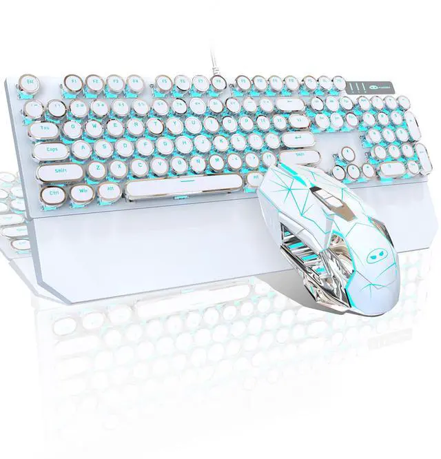 Main image of Typewriter Mechanical Gaming Keyboard and Mouse Combo, Retro Punk Round Keycaps RGB Rainbow Backlit Wired Keyboard for Game and Office, for Windows Laptop PC, Red Switches(White)