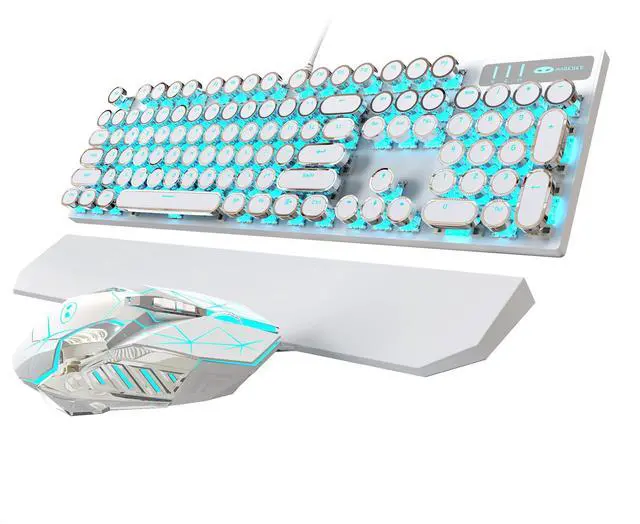 Alt view image 7 of 7 - Typewriter Mechanical Gaming Keyboard and Mouse Combo, Retro Punk Round Keycaps RGB Rainbow Backlit Wired Keyboard for Game and Office, for Windows Laptop PC, Red Switches(White)