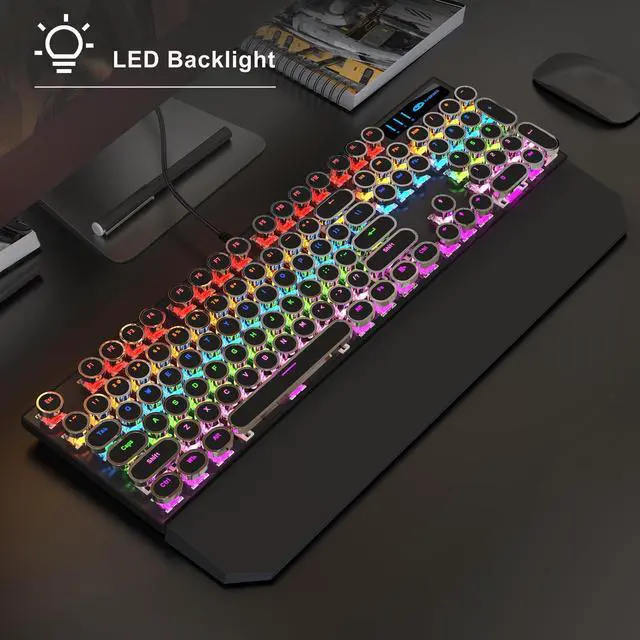 Alt view image 2 of 7 - Typewriter Mechanical Gaming Keyboard and Mouse Combo, Retro Punk Round Keycaps RGB Rainbow Backlit Wired Keyboard for Game and Office, for Windows Laptop PC, Red Switches(Black)