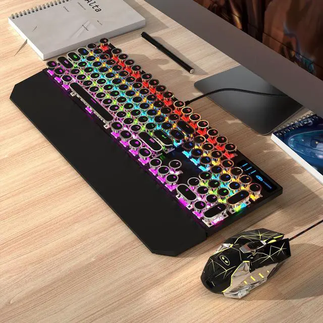 Alt view image 6 of 7 - Typewriter Mechanical Gaming Keyboard and Mouse Combo, Retro Punk Round Keycaps RGB Rainbow Backlit Wired Keyboard for Game and Office, for Windows Laptop PC, Red Switches(Black)