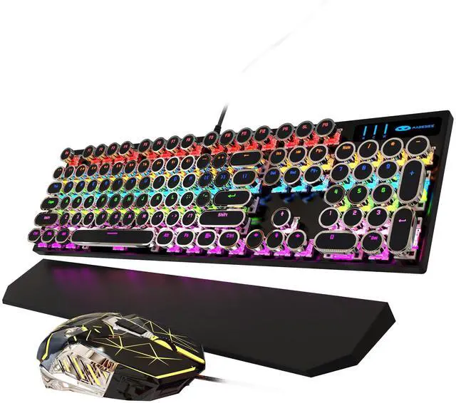Alt view image 7 of 7 - Typewriter Mechanical Gaming Keyboard and Mouse Combo, Retro Punk Round Keycaps RGB Rainbow Backlit Wired Keyboard for Game and Office, for Windows Laptop PC, Red Switches(Black)