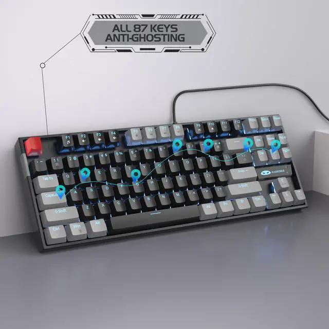 Alt view image 5 of 7 - MageGee 75% Mechanical Gaming Keyboard, Red Switch, LED Blue Backlit, 87 Keys Compact TKL Wired Computer Keyboards for Windows Laptop PC Gamer - Black/Grey