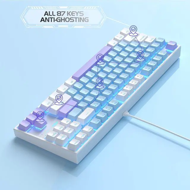 Alt view image 5 of 7 - MageGee 75% Mechanical Gaming Keyboard, Blue Switch, LED Blue Backlit, 87 Keys Compact TKL Wired Keyboards for Windows Laptop PC Gamer - Blue/White