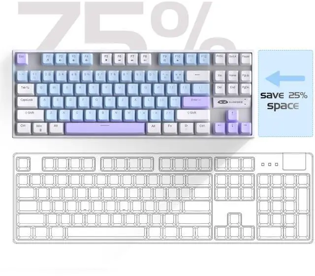 Alt view image 3 of 7 - MageGee 75% Mechanical Gaming Keyboard, Blue Switch, LED Blue Backlit, 87 Keys Compact TKL Wired Keyboards for Windows Laptop PC Gamer - Blue/White