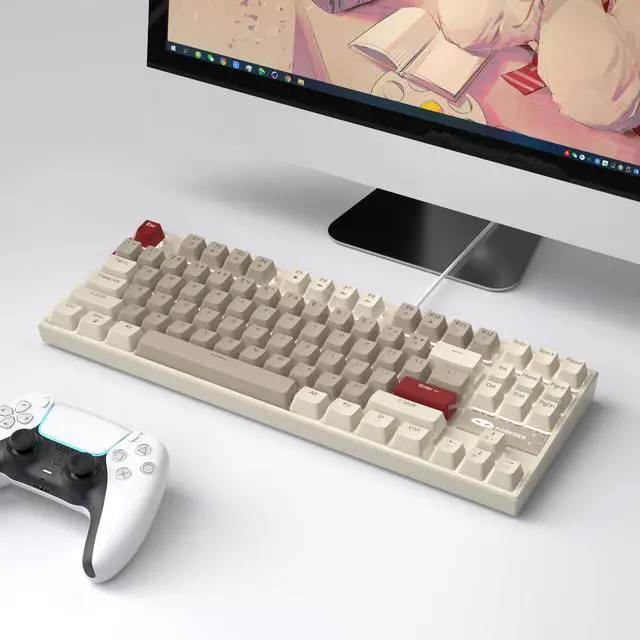 Alt view image 6 of 7 - MageGee 75% Mechanical Gaming Keyboard, Brown Switch, LED White Backlit, 87 Keys Compact TKL Wired Computer Keyboards for Windows Laptop PC Gamer - Retro Grey/White