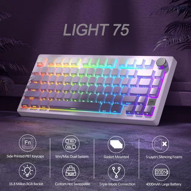 Alt view image 2 of 7 - MageGee LIGHT75 Wireless Creamy Keyboard, Gasket Structure Hot Swappable, 75% Compact 2.4G/USB-C/BT5.0 RGB Backlit Gaming Keyboard for Win/Mac/PC, Side Printed PBT Keycaps, 4000mAh Battery, Purple