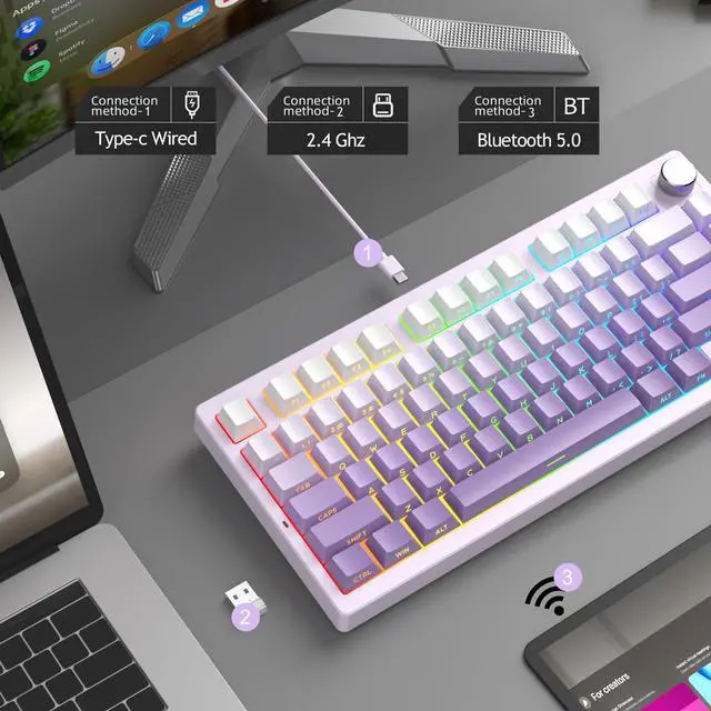 Alt view image 3 of 7 - MageGee LIGHT75 Wireless Creamy Keyboard, Gasket Structure Hot Swappable, 75% Compact 2.4G/USB-C/BT5.0 RGB Backlit Gaming Keyboard for Win/Mac/PC, Side Printed PBT Keycaps, 4000mAh Battery, Purple