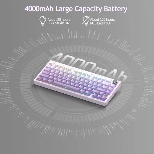Alt view image 6 of 7 - MageGee LIGHT75 Wireless Creamy Keyboard, Gasket Structure Hot Swappable, 75% Compact 2.4G/USB-C/BT5.0 RGB Backlit Gaming Keyboard for Win/Mac/PC, Side Printed PBT Keycaps, 4000mAh Battery, Purple