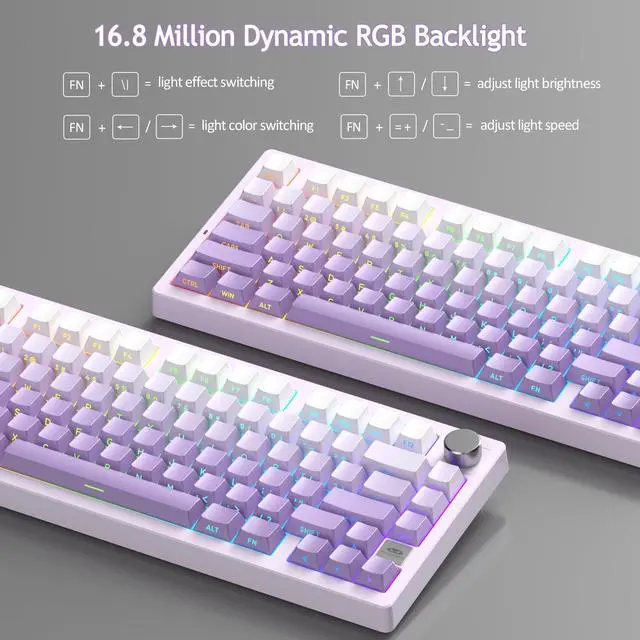 Alt view image 7 of 7 - MageGee LIGHT75 Wireless Creamy Keyboard, Gasket Structure Hot Swappable, 75% Compact 2.4G/USB-C/BT5.0 RGB Backlit Gaming Keyboard for Win/Mac/PC, Side Printed PBT Keycaps, 4000mAh Battery, Purple