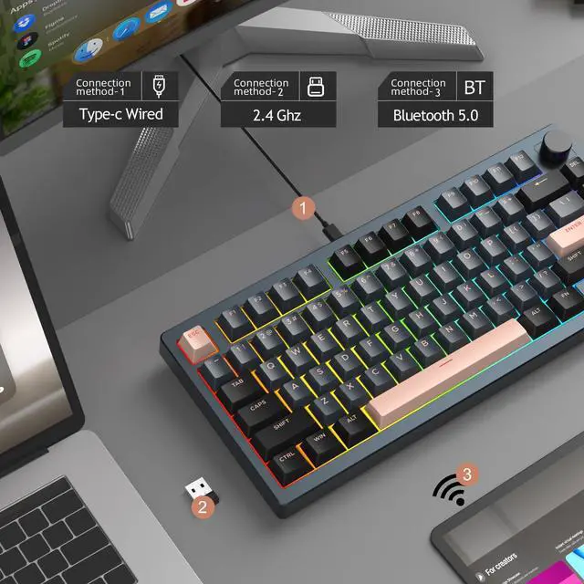 Alt view image 3 of 7 - MageGee LIGHT75 Wireless Creamy Keyboard, Gasket Structure Hot Swappable, 75% Compact 2.4G/USB-C/BT5.0 RGB Backlit Gaming Keyboard for Win/Mac/PC, Side Printed PBT Keycaps, 4000mAh Battery, Grey