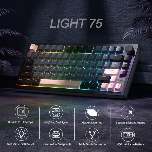 Alt view image 2 of 7 - MageGee LIGHT75 Wireless Creamy Keyboard, Gasket Structure Hot Swappable, 75% Compact 2.4G/USB-C/BT5.0 RGB Backlit Gaming Keyboard for Win/Mac/PC, Side Printed PBT Keycaps, 4000mAh Battery, Grey