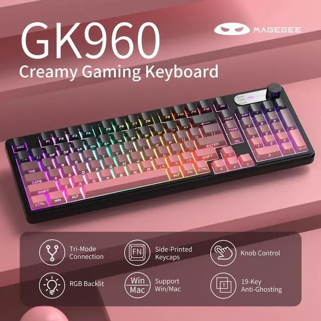 Alt view image 2 of 7 - MageGee GK960 Wireless Gaming Keyboard, RGB Tri-Mode Wired/BT/2.4G Creamy Keyboard with Number Pad, 4000mAh Battery, Knob Control, Side Printed Keycaps, 19-Key Anti-Ghosting for Win/Mac (Black & Pink)