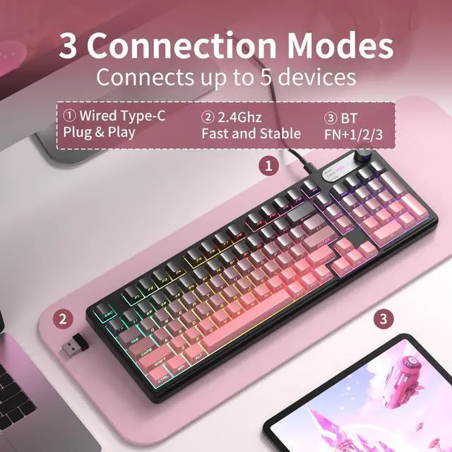 Alt view image 3 of 7 - MageGee GK960 Wireless Gaming Keyboard, RGB Tri-Mode Wired/BT/2.4G Creamy Keyboard with Number Pad, 4000mAh Battery, Knob Control, Side Printed Keycaps, 19-Key Anti-Ghosting for Win/Mac (Black & Pink)