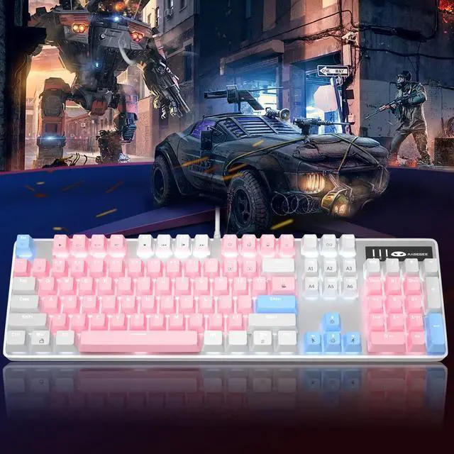 Alt view image 7 of 8 - MageGee Mechanical Gaming Keyboard, New Upgraded Blue Switch 104 Keys White Backlit Keyboards, USB Wired Mechanical Computer Keyboard for Laptop, Desktop, PC Gamers(White & Pink)